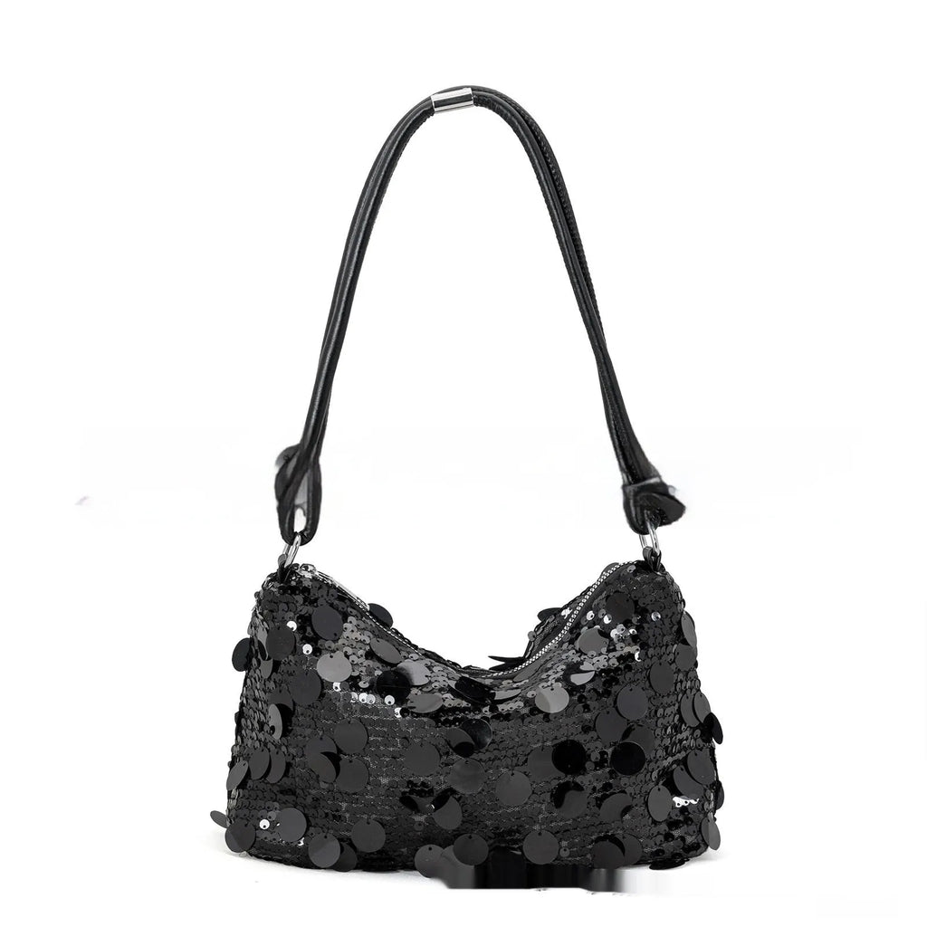 Soft polyester women's crossbody bag shown in black, gold, or silver, with an adjustable shoulder strap.