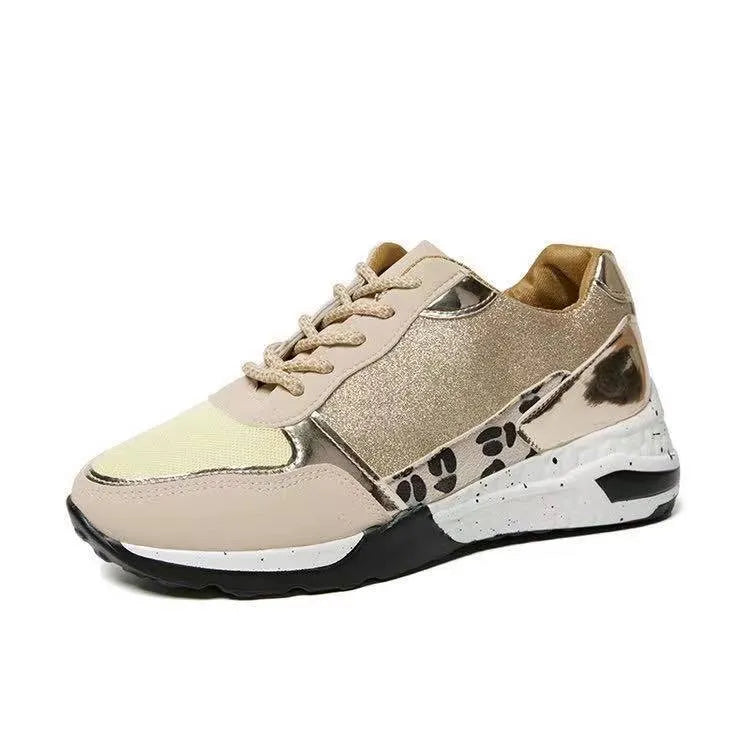Women's lace up wedge flat sneakers in beige, round toe, artificial PU upper, side view