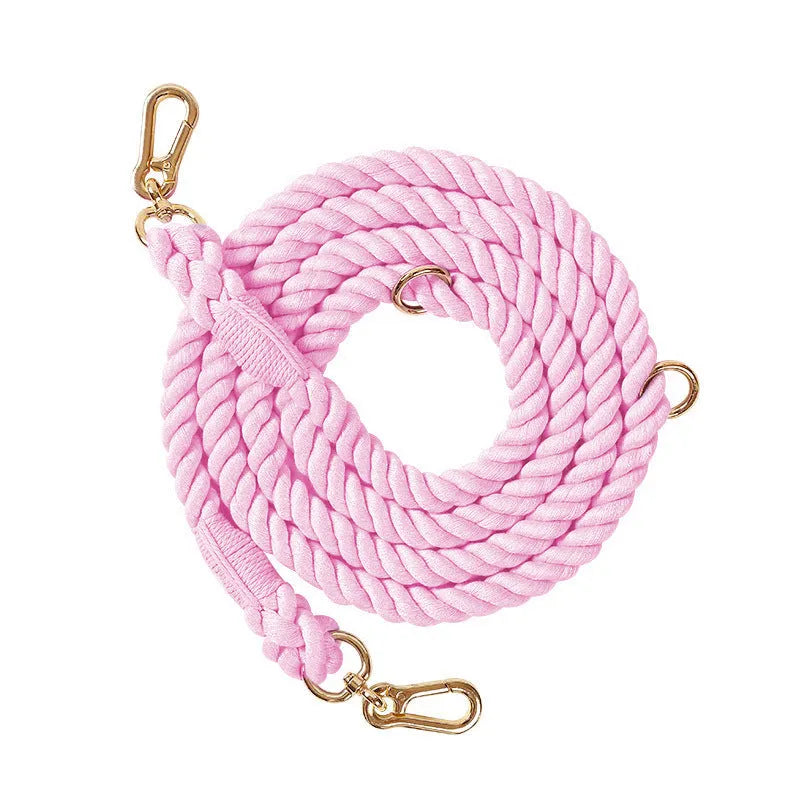 Rainbow woven double-head dog leash with silver fittings shown at full 250cm length.