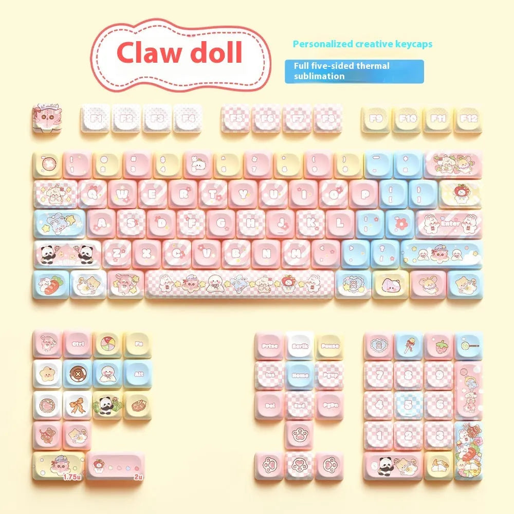 Clip Doll mechanical keyboard keycaps set with colourful sublimation printed designs in boxed presentation