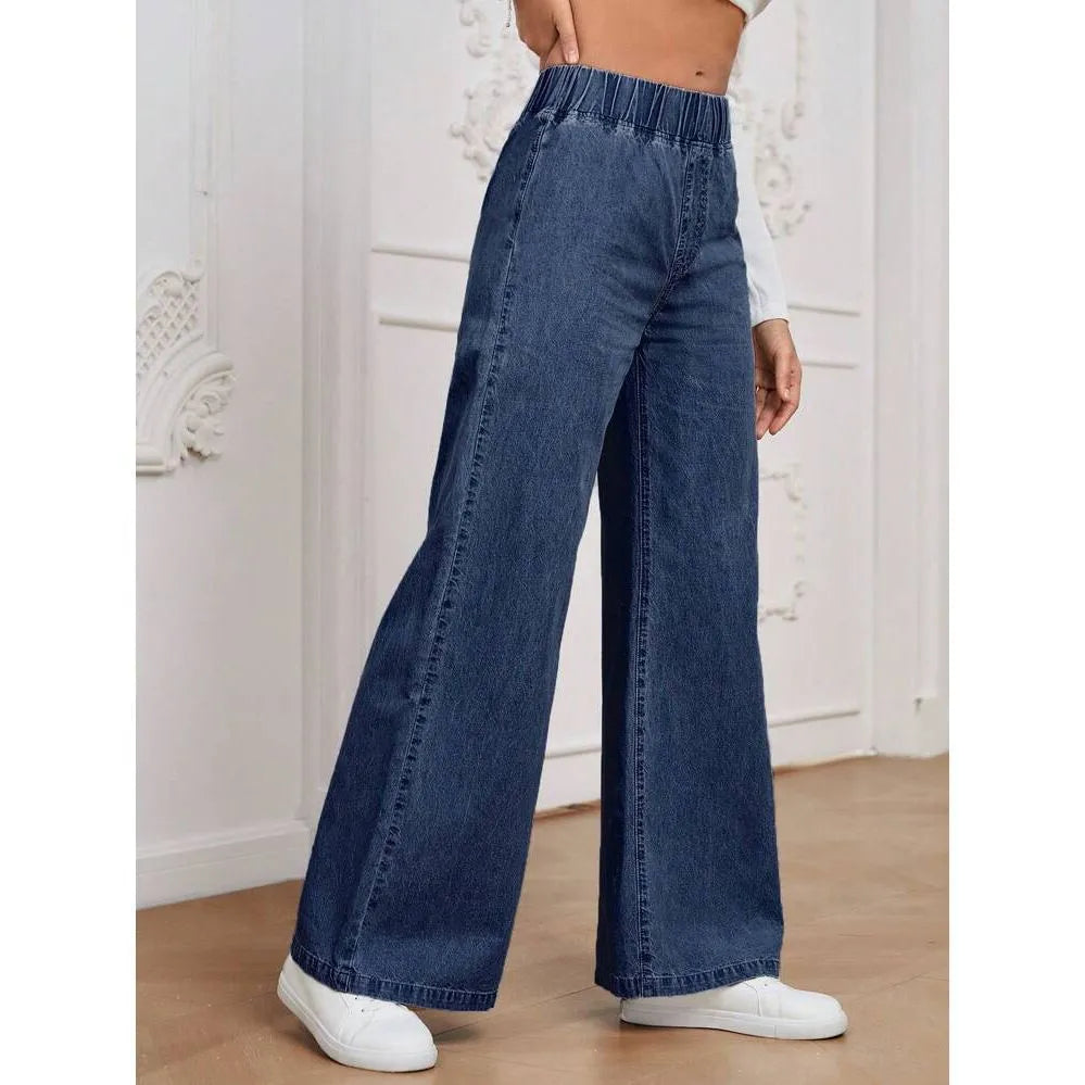 Light blue washed wide-leg plus size straight jeans with mid waist zip fly