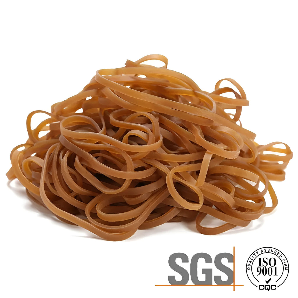 A bag containing many natural coloured, circular rubber bands with a label indicating 500g.