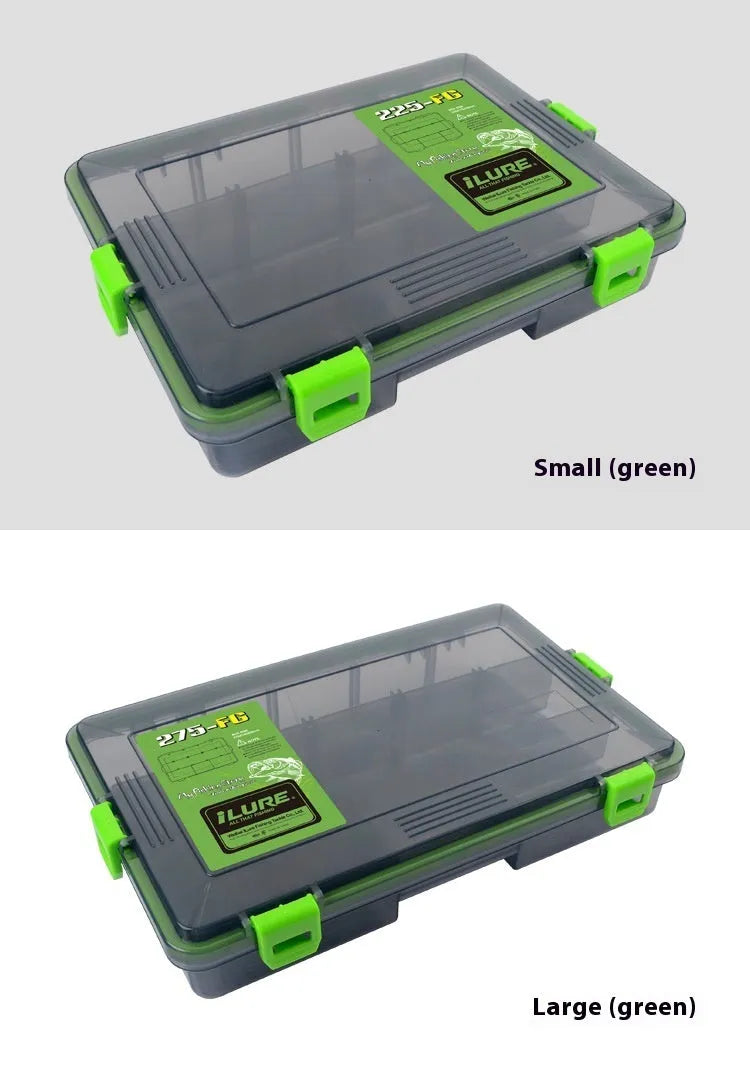 Luya fishing lure bait storage box in durable clear plastic, shown in blue, green, orange, and pink colour options.