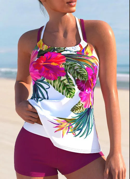 Women's floral print swimsuit with chest pad in purple red colour, two-piece design