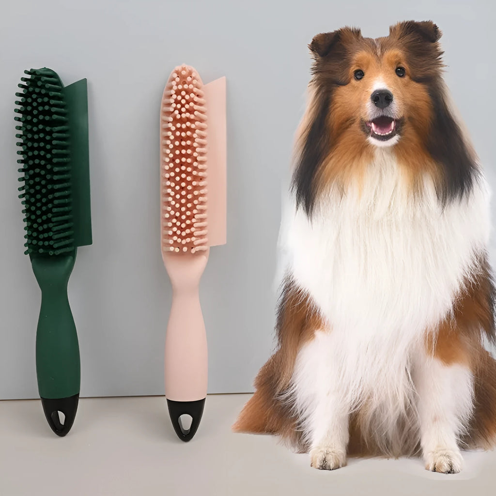 Green pet grooming brush with rubber handle and flexible bristles for removing hair from dogs, cats and clothing