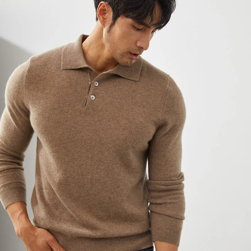 Men's light blue cashmere pullover sweater with a polo collar and short sleeves on a hanger.