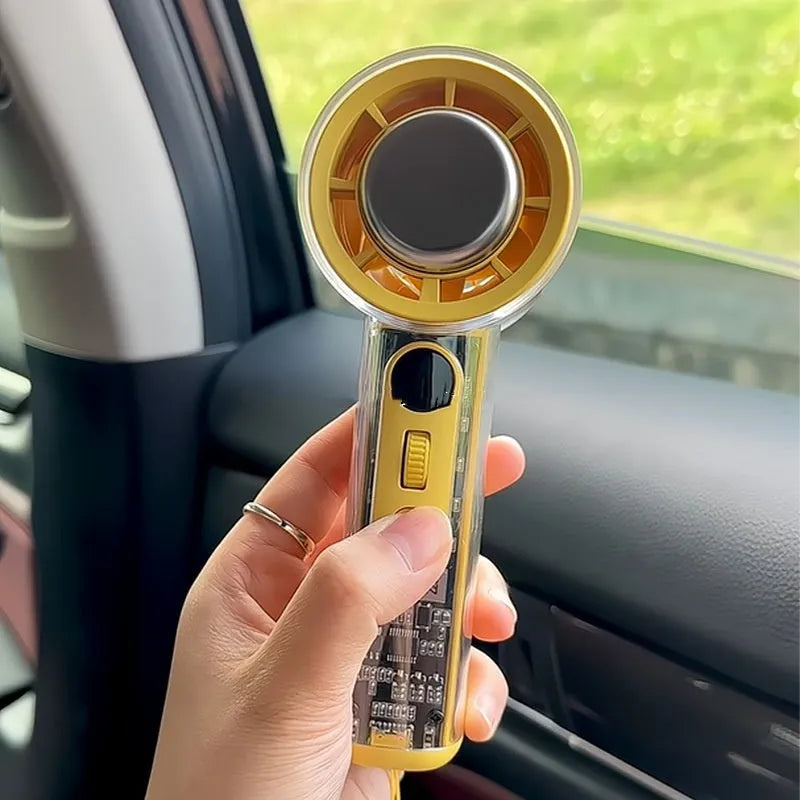 Handheld cooling fan with ice compress function in black, white, or yellow colours