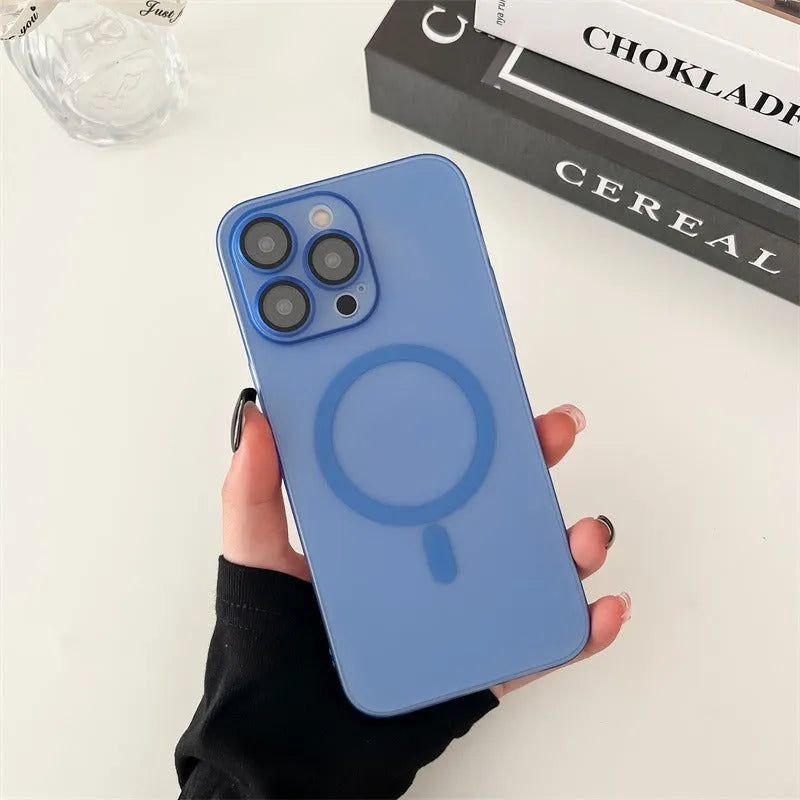 Ultra-thin magnetic frosted phone case for iPhone in ice mist white, showing all-inclusive bumper design
