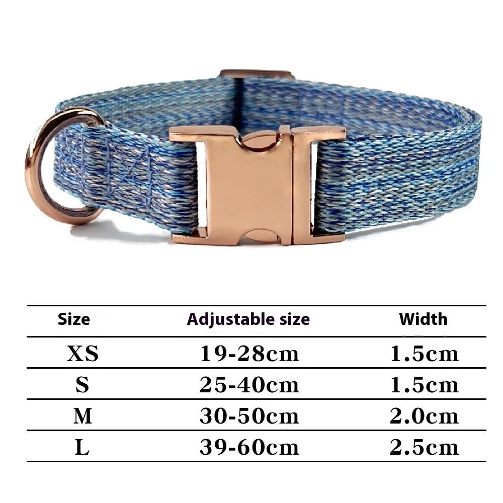 Nylon dog collar and lead set with engraved lettering and anti lost collar in blue, grey, orange, or pink, sizes XS to L