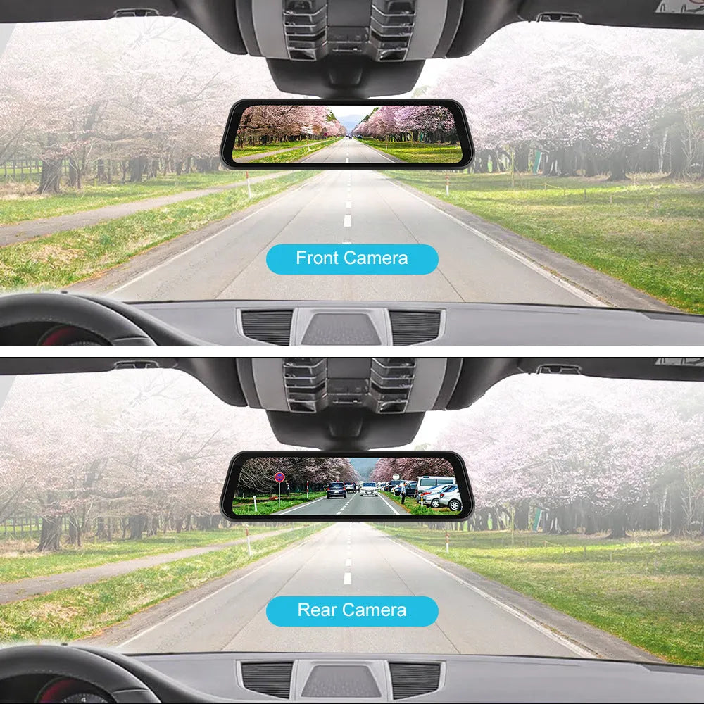 9.66-inch touchscreen car dash cam rear view mirror with CarPlay and Android Auto display