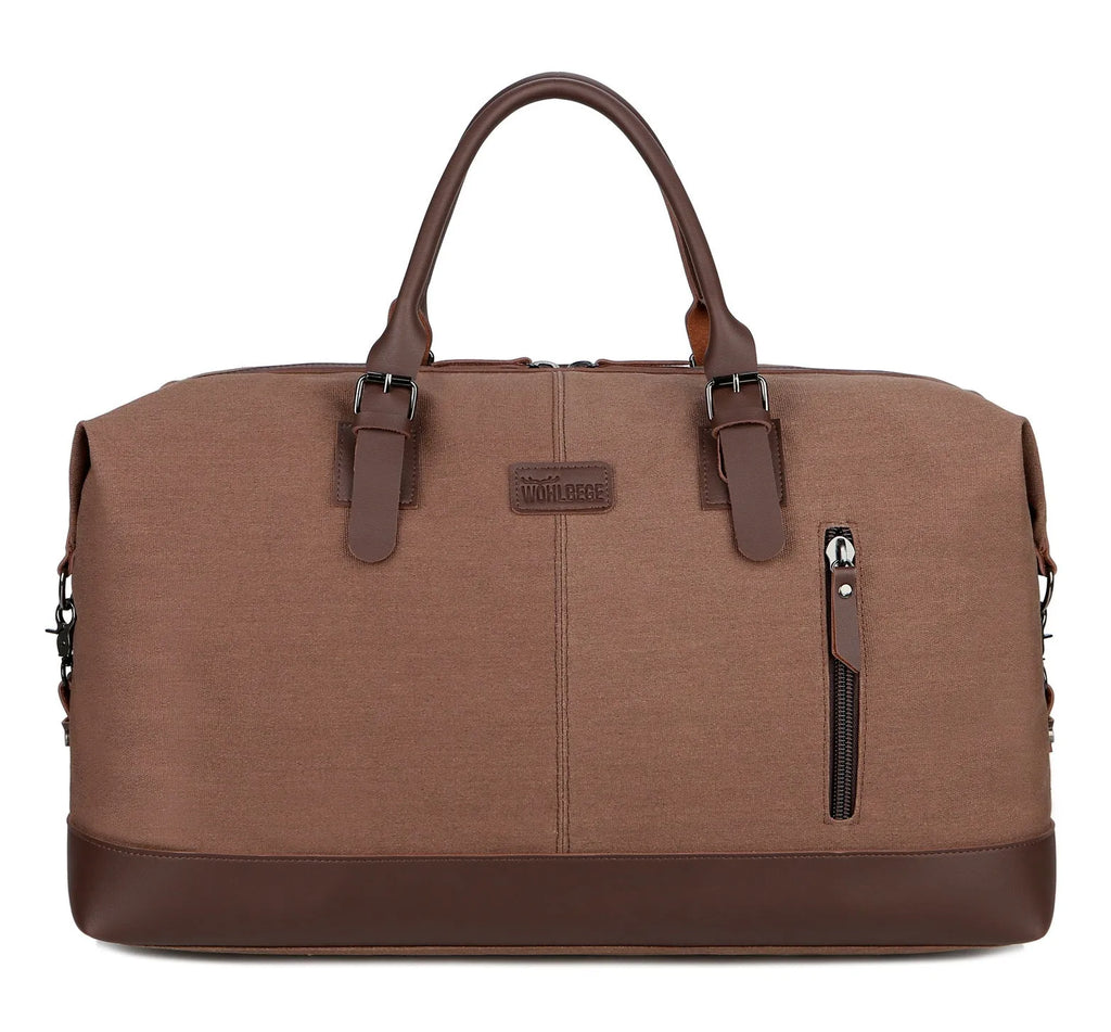 Canvas travel bag for men, square vertical shape in light grey, with shoulder strap and zipper closure