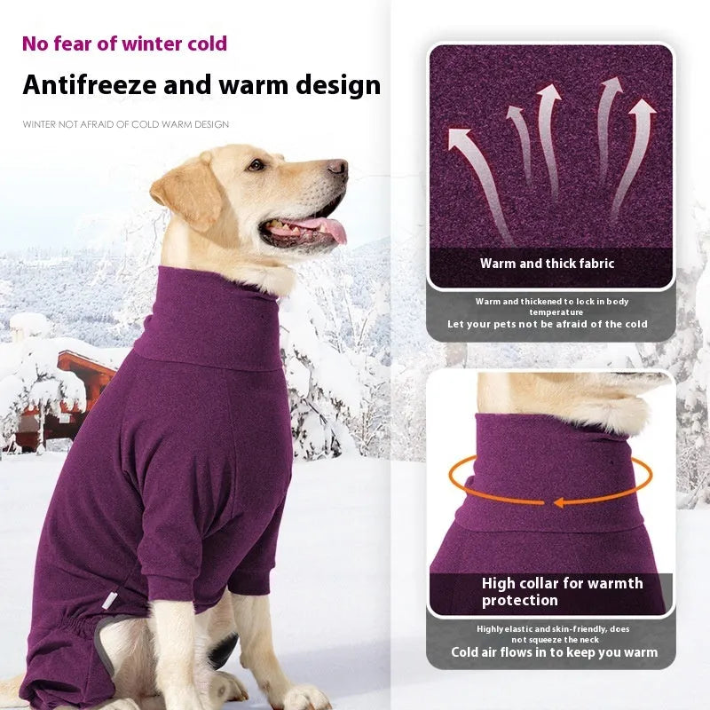 Dark gray four-legged dog coat with high collar made of polar fleece fabric on a dog