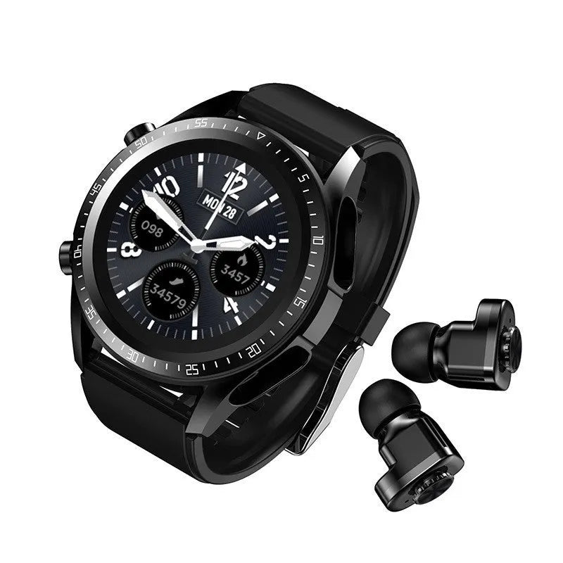Black smart watch with blood pressure monitoring on a silicone wrist strap showing its 1.28 inch screen