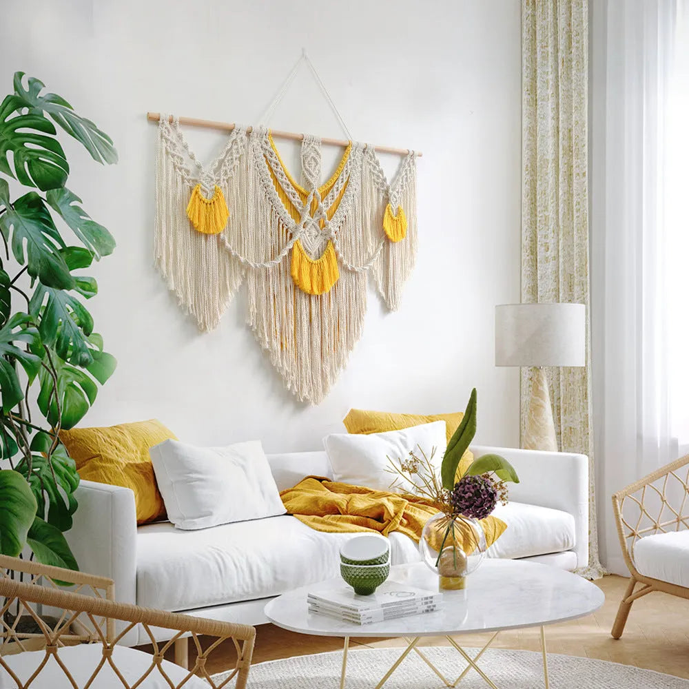 Nordic style creamy white cotton woven tapestry wall hanging 120x95cm rectangle