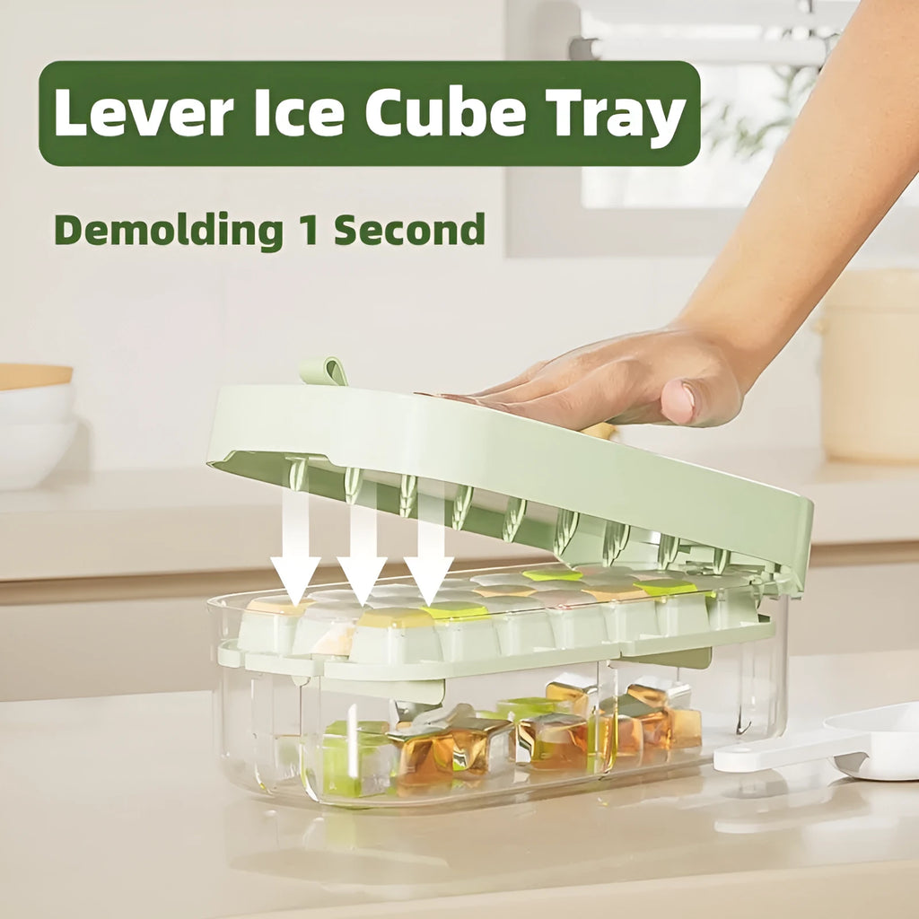 High capacity plastic ice cube tray grid in blue with an ice shovel stored in a dedicated slot.