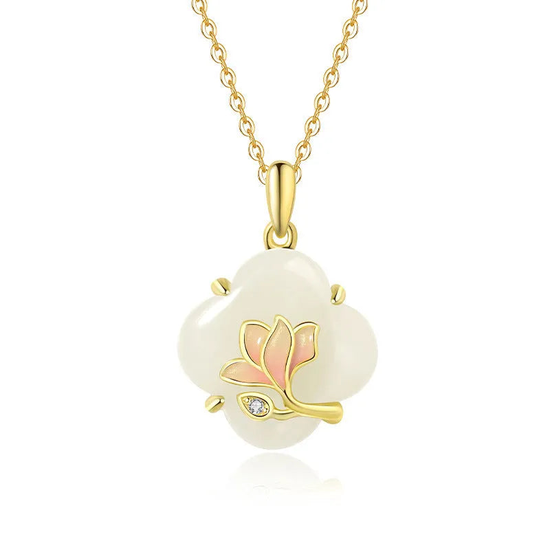 S925 sterling silver magnolia Hetian Jade jewellery set with necklace, bracelet, and ear studs.
