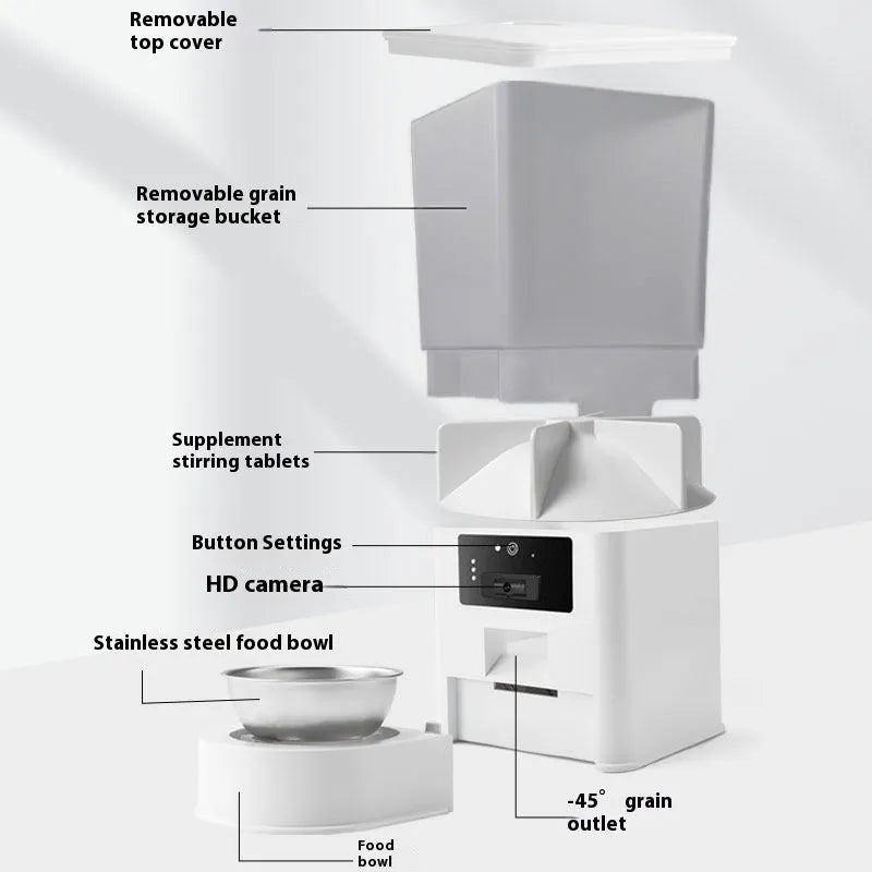 Pet intelligent feeder with stainless steel bowl showing four model options with video and voice calling features