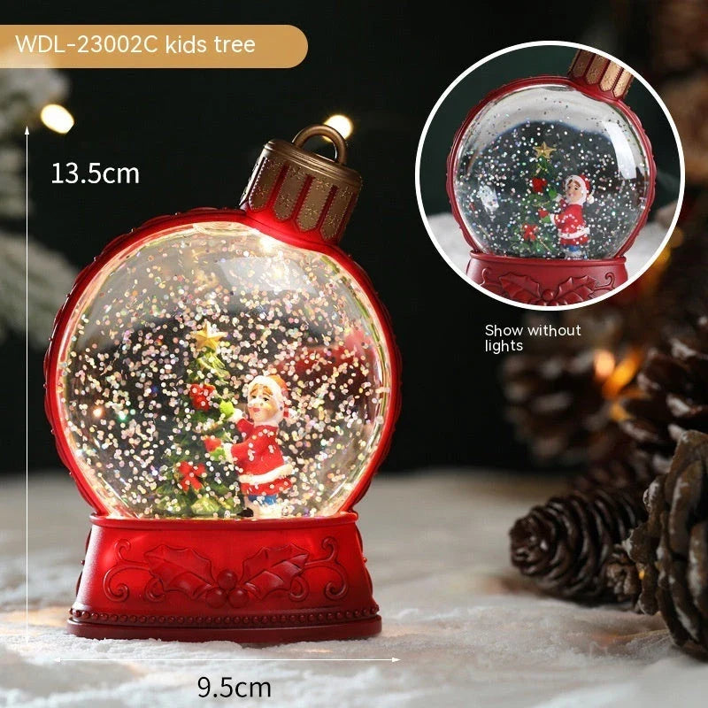 Illuminating LED Christmas decoration with flame-like effect, featuring various holiday figures like Santa, snowman, and angel.