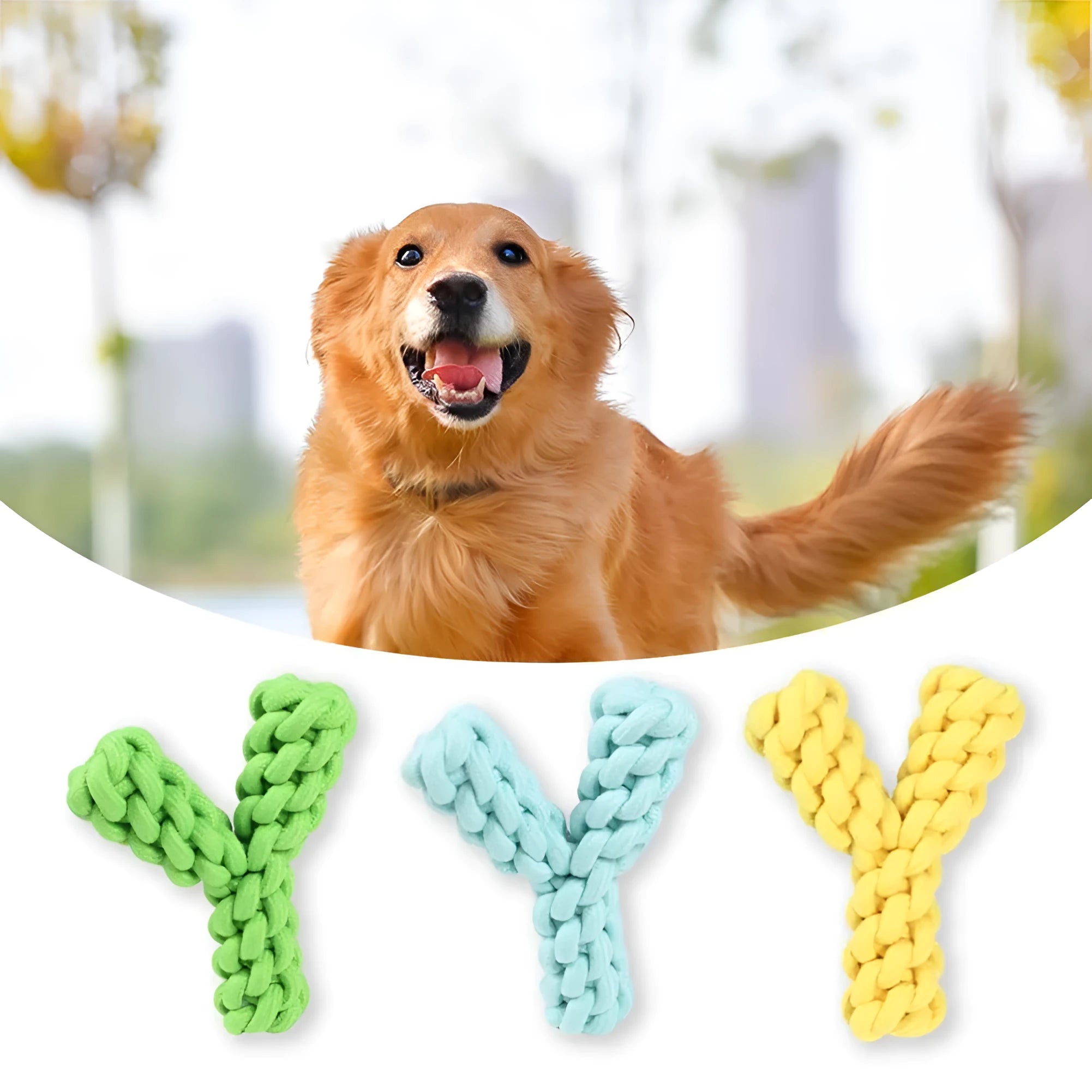 Y-shaped cotton rope dog toy for large breeds in blue, green or yellow colour options