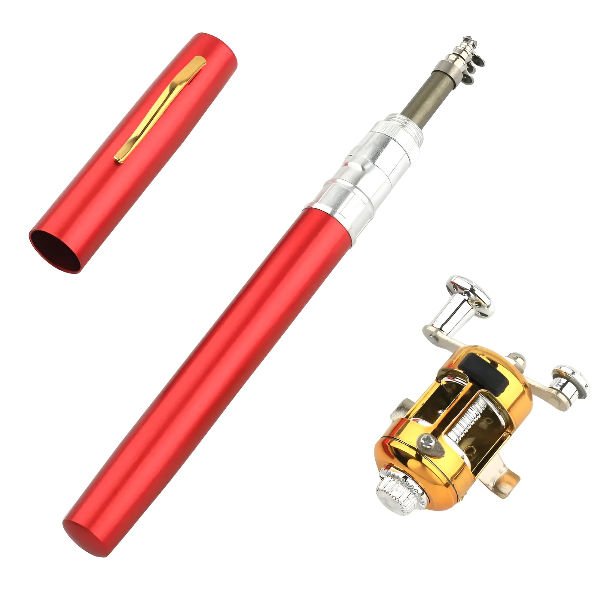 Portable telescopic pen fishing rod collapsed to 20.5cm next to its detachable plastic reel, shown in gold colour.