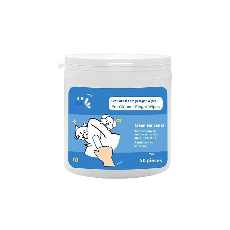 Box of disposable pet cleaning wipes for ear care and teeth cleaning for cats and dogs.