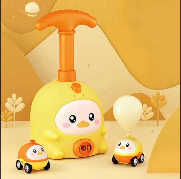 Colorful balloon-powered car toy with various animal designs, featuring a launch tower and balloons for children to propel the car using air power