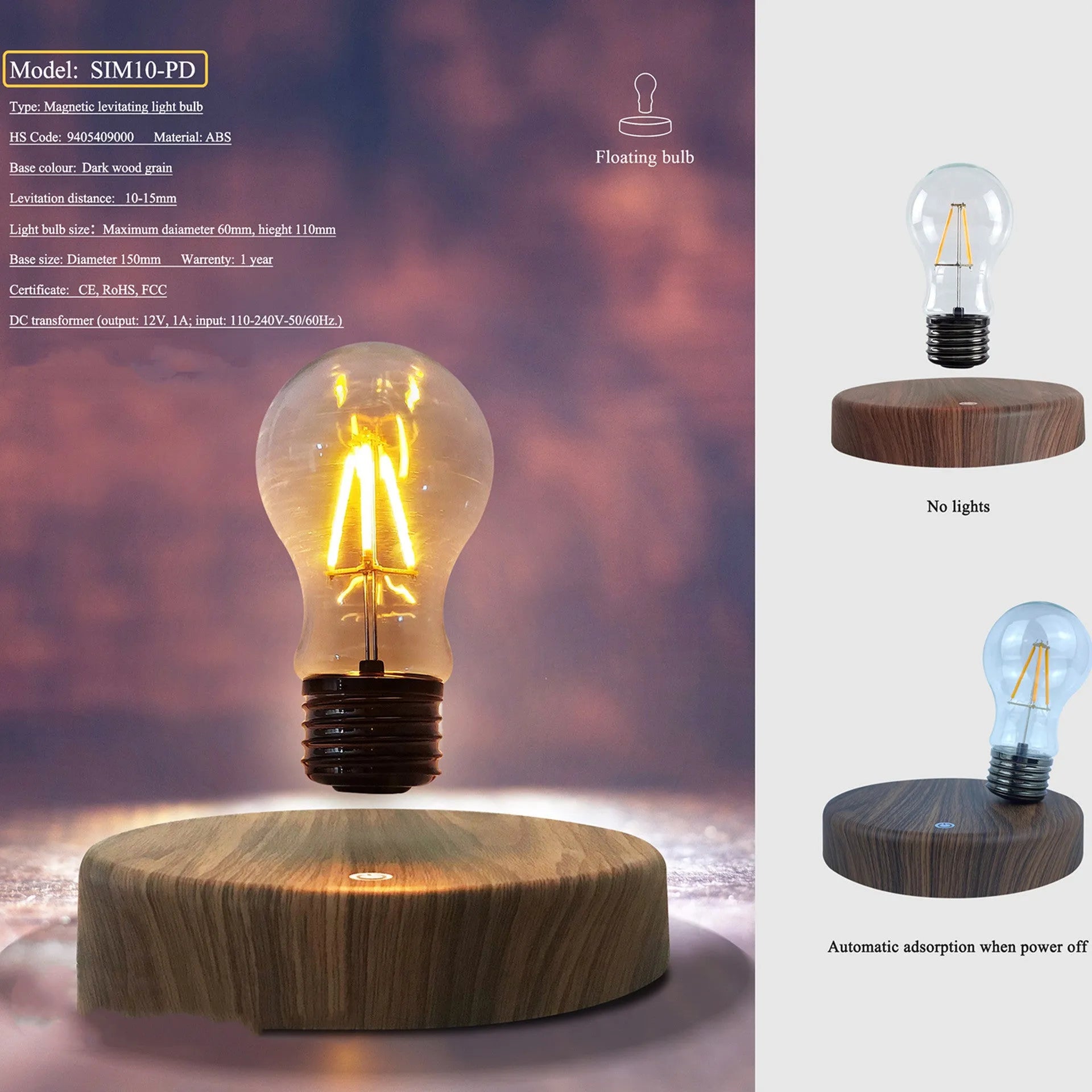 Magnetic levitation bulb night light in solid wood colour floating above desktop base