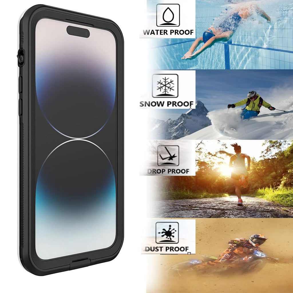 Black waterproof magnetic suction protective iPhone case for iPhone 15 Pro Max shown on a phone with a frosted finish.