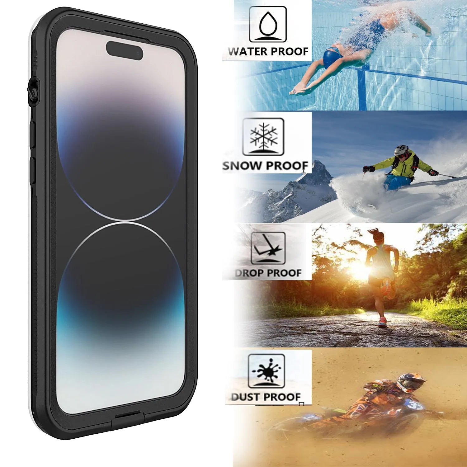 Black waterproof magnetic suction protective iPhone case for iPhone 15 Pro Max shown on a phone with a frosted finish.