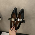 Women's black Mary Jane shoes with pointed toe, silver buckle, and low heel