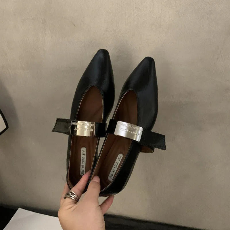 Women's black Mary Jane shoes with pointed toe, silver buckle, and low heel
