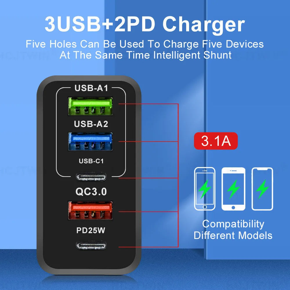 Fast charging multi-port travel charger with Type-C PD USB and three ports in black, EU standard plug