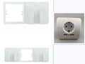 White dual USB wall charger adapter with 2A output, two-pronged outlet, LED indicator, 80mm x 80mm x 45mm panel.