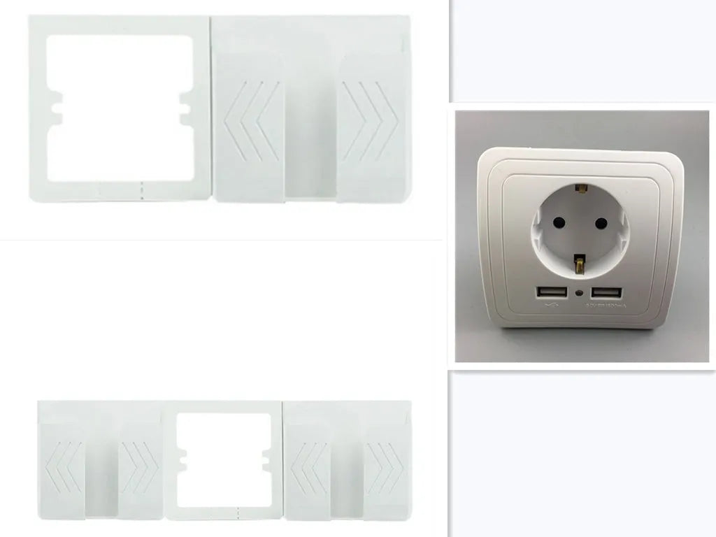 White dual USB wall charger adapter with 2A output, two-pronged outlet, LED indicator, 80mm x 80mm x 45mm panel.