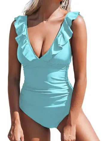 Women's one-piece swimsuit with V-neck, lace-up back and flounce skirt in multiple colour options