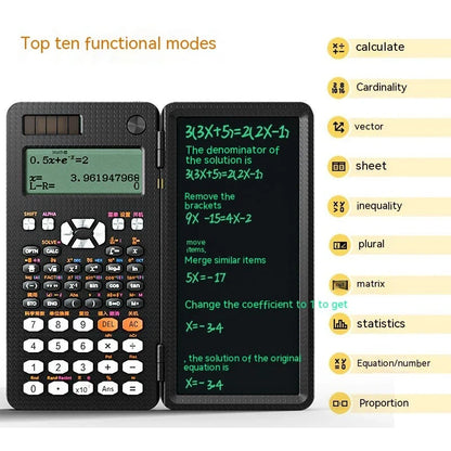 Versatile folding scientific calculator with integrated digital handwriting pad for seamless note-taking and calculations