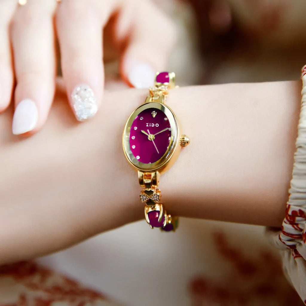 Women's quartz wrist watch with diamond accents, slim 8mm case, available in multiple colours
