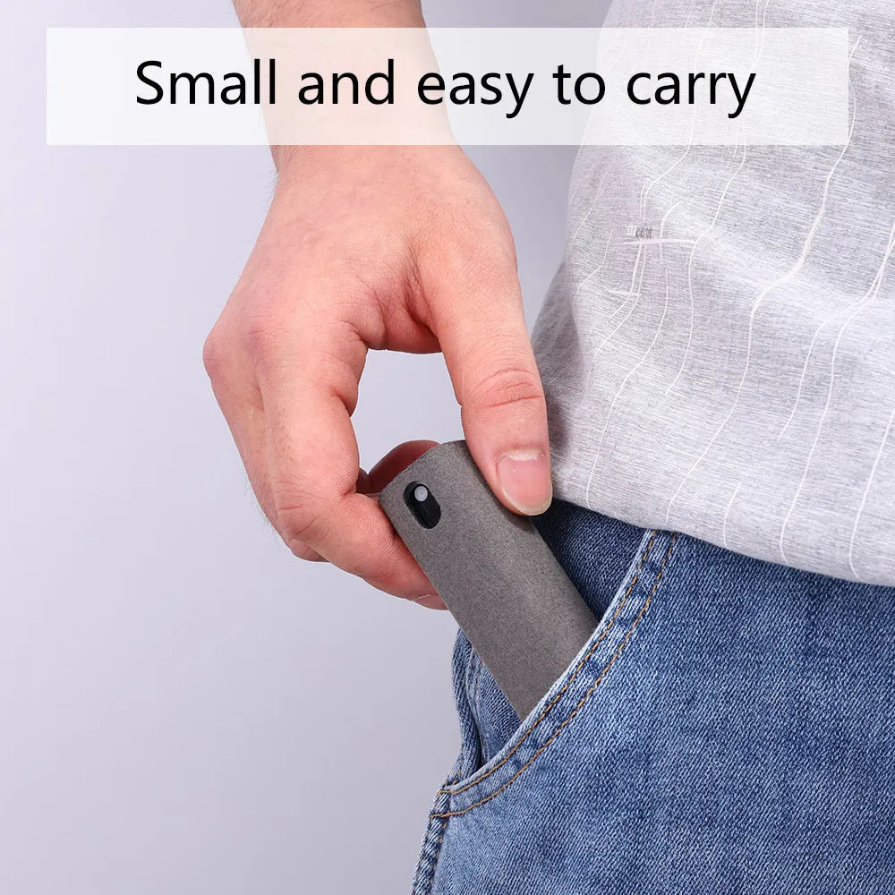 Portable all-in-one screen cleaner kit with built-in microfiber wipe and 10ml fluid bottle in a protective case.