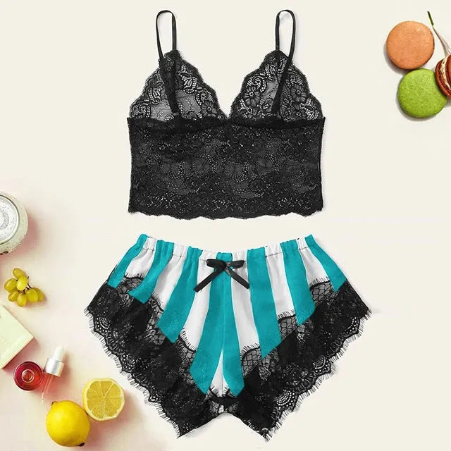 Women's lace home striped underwear set bikini style bra and shorts in black and white spandex