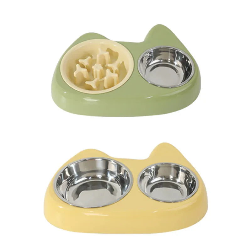 Two-in-one stainless steel slow feed cat bowl with large and small eye compartments, anti-choking design, in blush pink