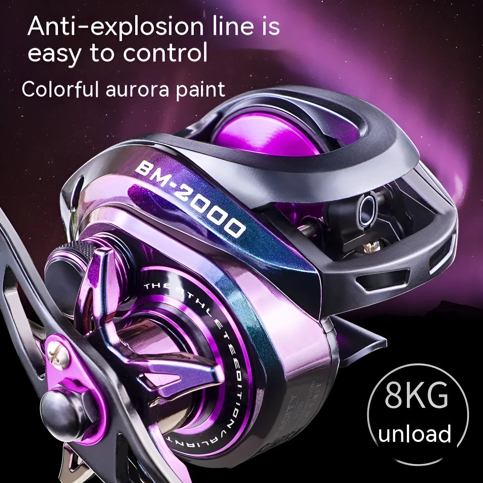 Colourful BM2000 fishing reel showing left-handed model with magnetic brake and water drop spool.