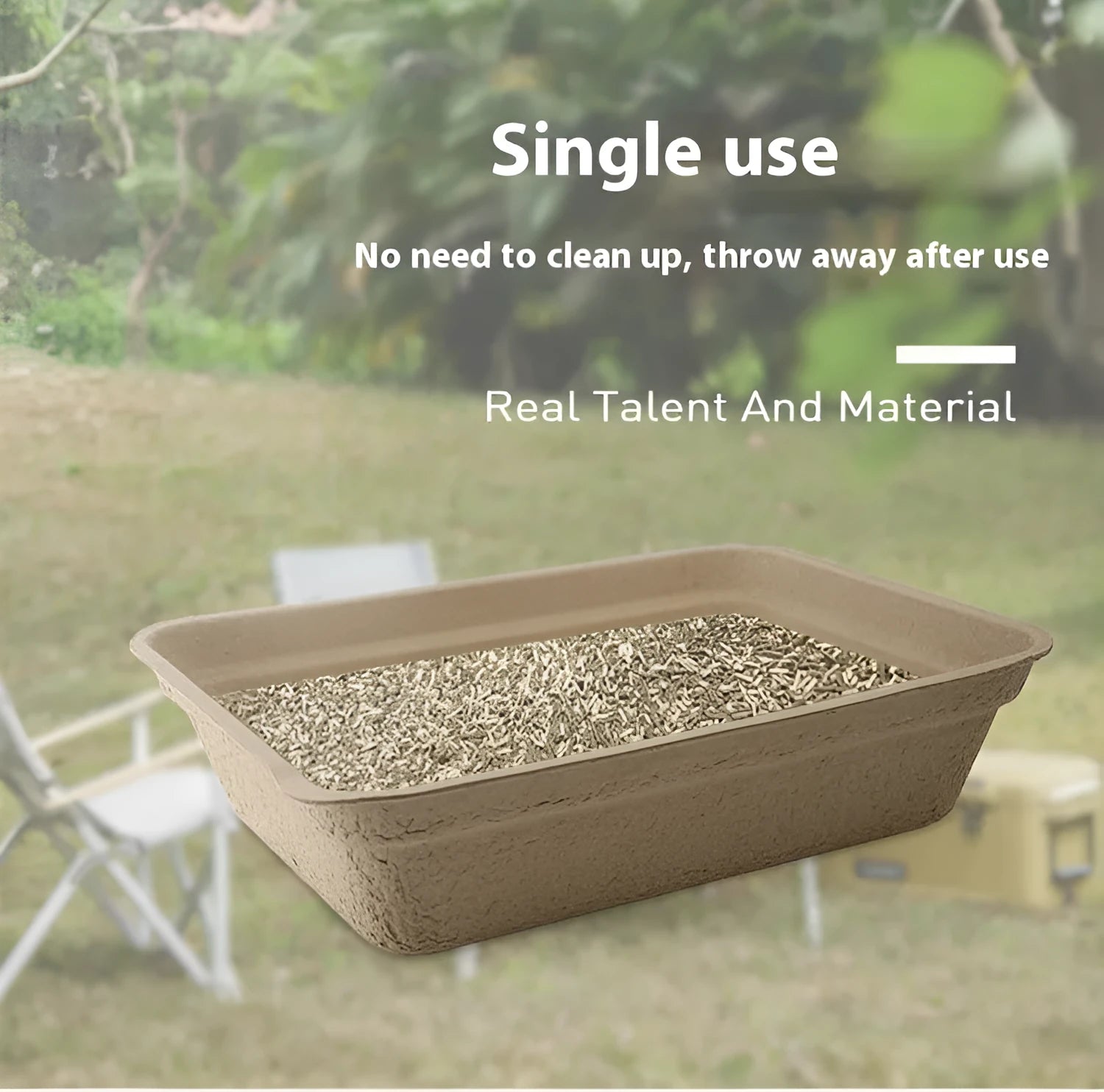 Brown disposable cat litter box showing waterproof biodegradable construction with three size options displayed