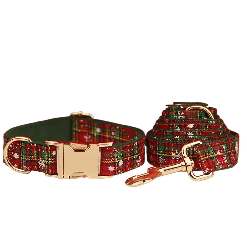 Green background snowflake Christmas pet collar set with matching dog vest and leash