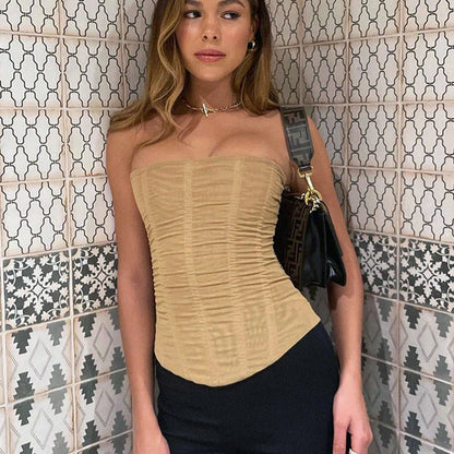 Sleeveless mesh crop top in black, khaki, and white colors, featuring a unique design with a cropped fit and breathable fabric