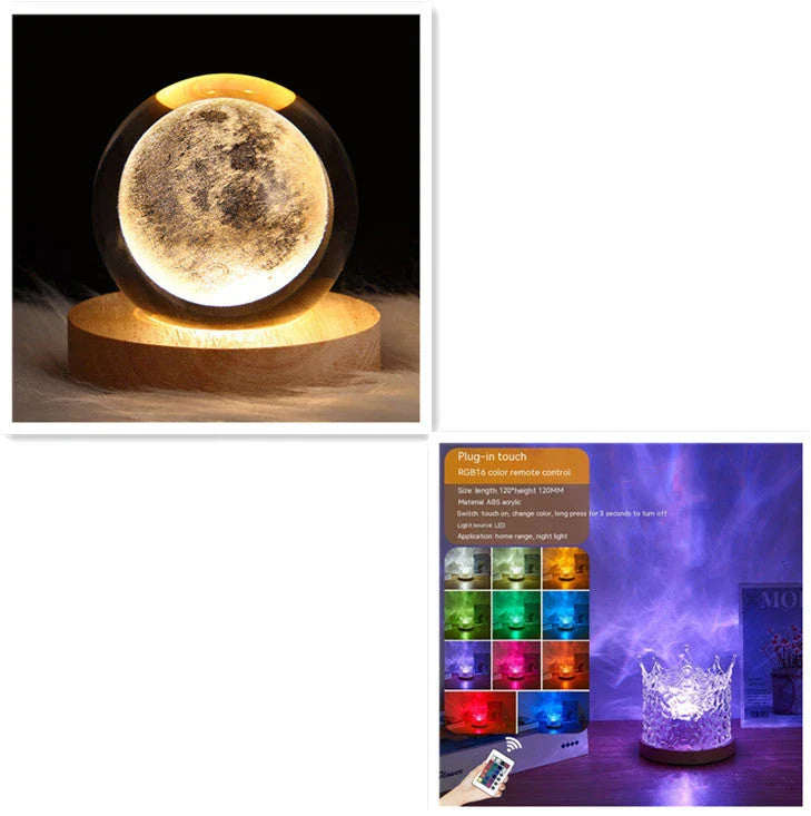 Mesmerizing water ripple ambient night light with rotating projection, 16 color options, and USB charging