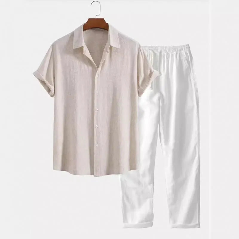 Men's casual linen-style shirt and trousers suit in loose fit with short sleeves