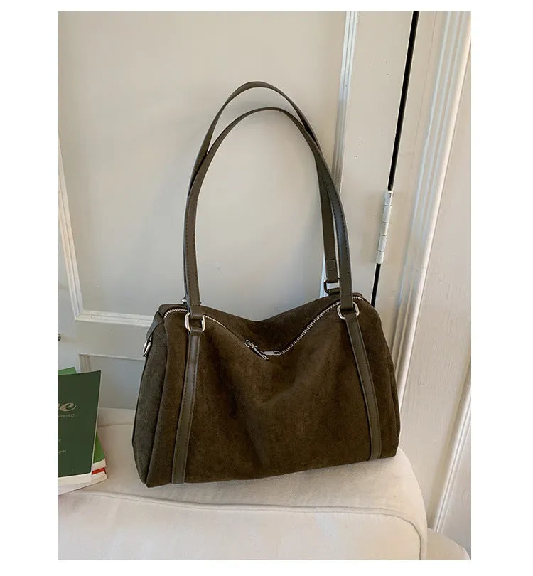 Women's suede-effect PU crossbody shoulder bag, large-capacity horizontal square, khaki brown green black