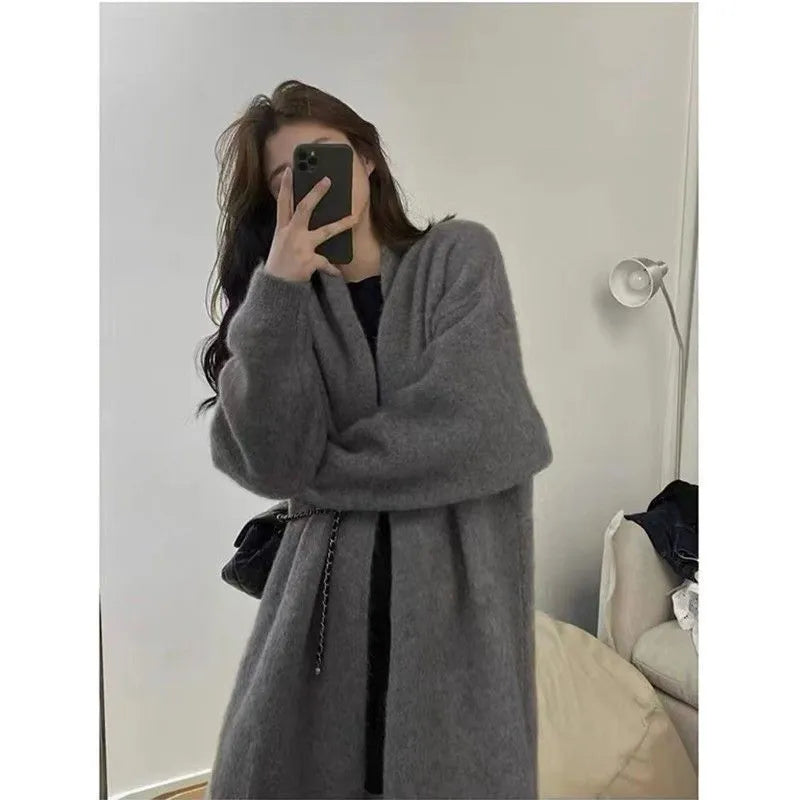 Gentle thickened knitted cardigan coat for women, shoulder strap style, Ice Silk fabric, beige colour, open front
