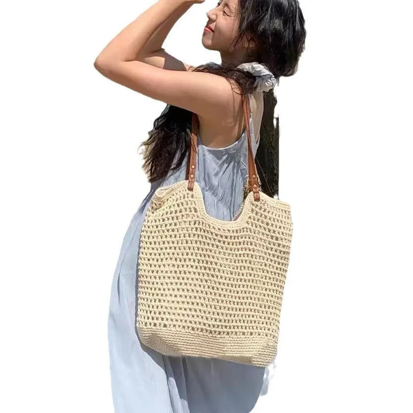 Beige woven cotton linen shoulder bag shown in two sizes with magnetic snap and zipper closure options.
