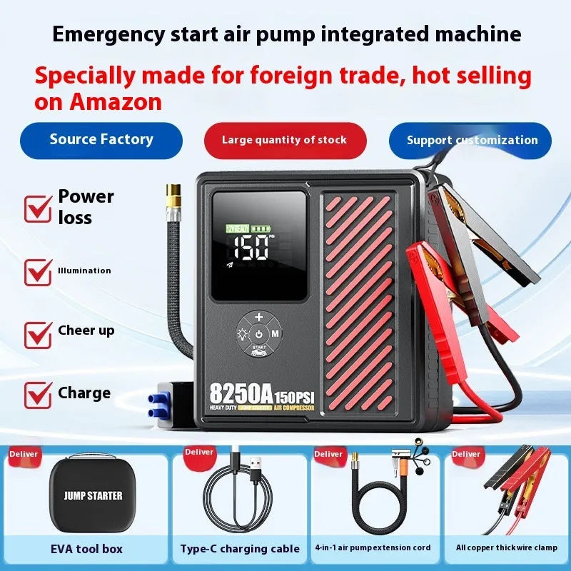 Black intelligent digital display car jump starter with air compressor, 6250A 18000mAh, with clamps and EVA toolbox